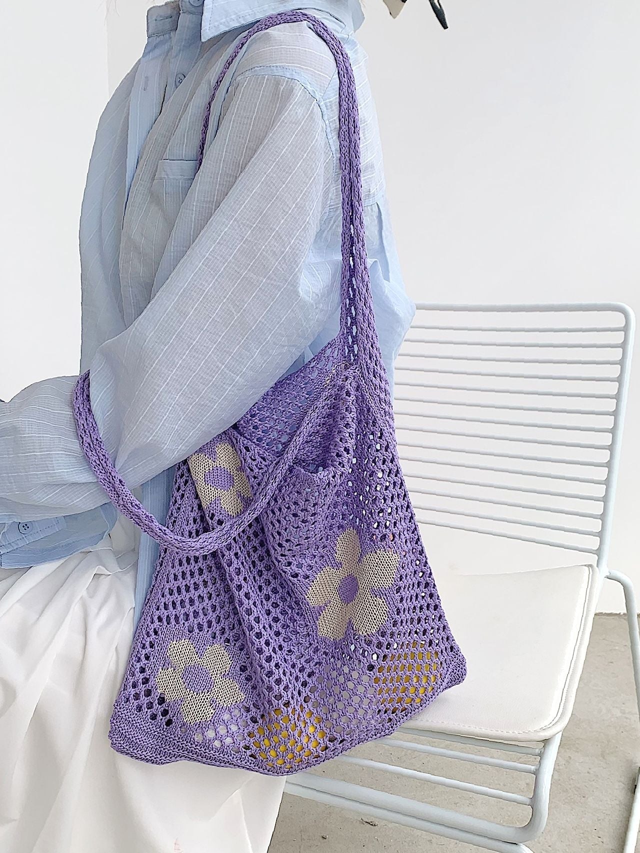 Futurecen - Floral Pattern Crochet Tote Bag  - Women Tote Bags