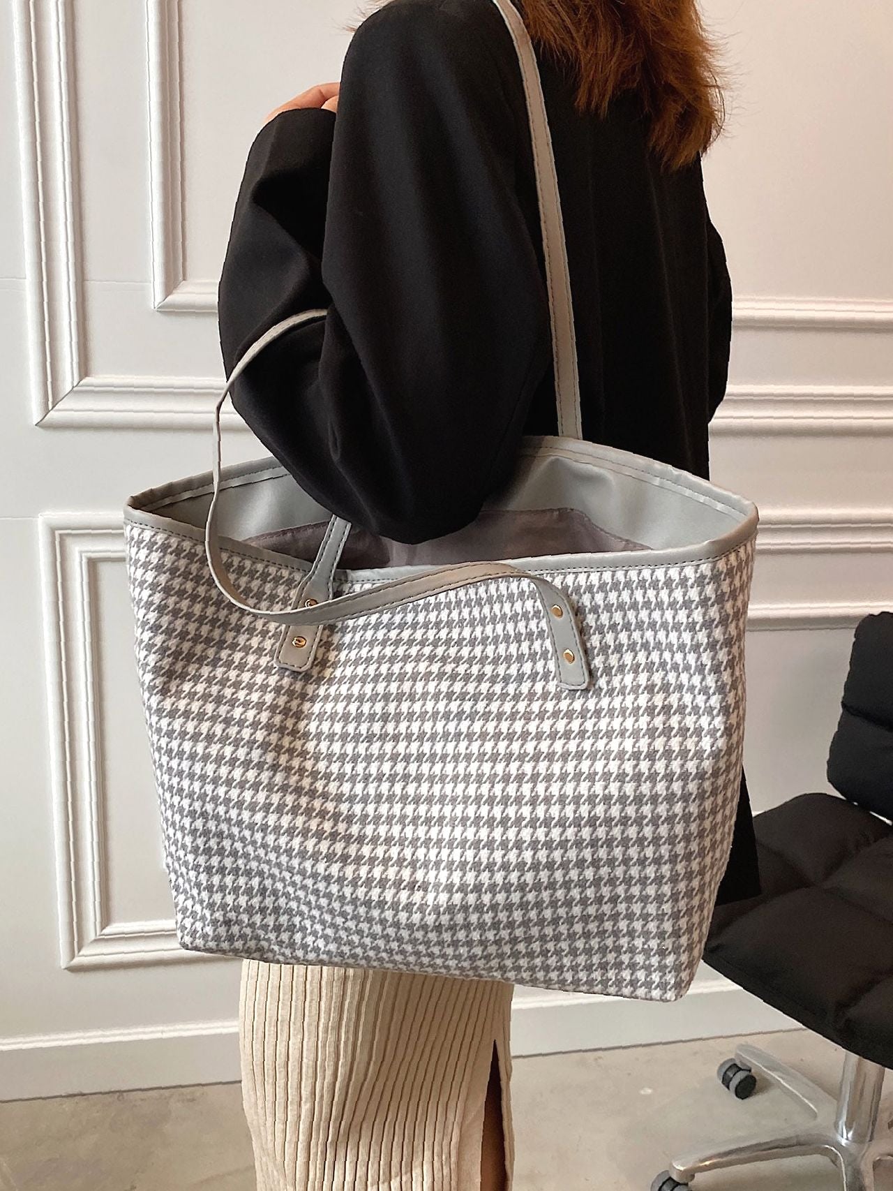 Futurecen - Houndstooth Pattern Shoulder Tote Bag  - Women Tote Bags