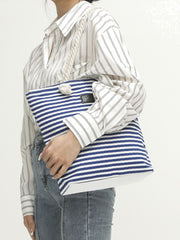 Futurecen - Striped Pattern Patch Decor Shoulder Tote Bag  - Women Tote Bags