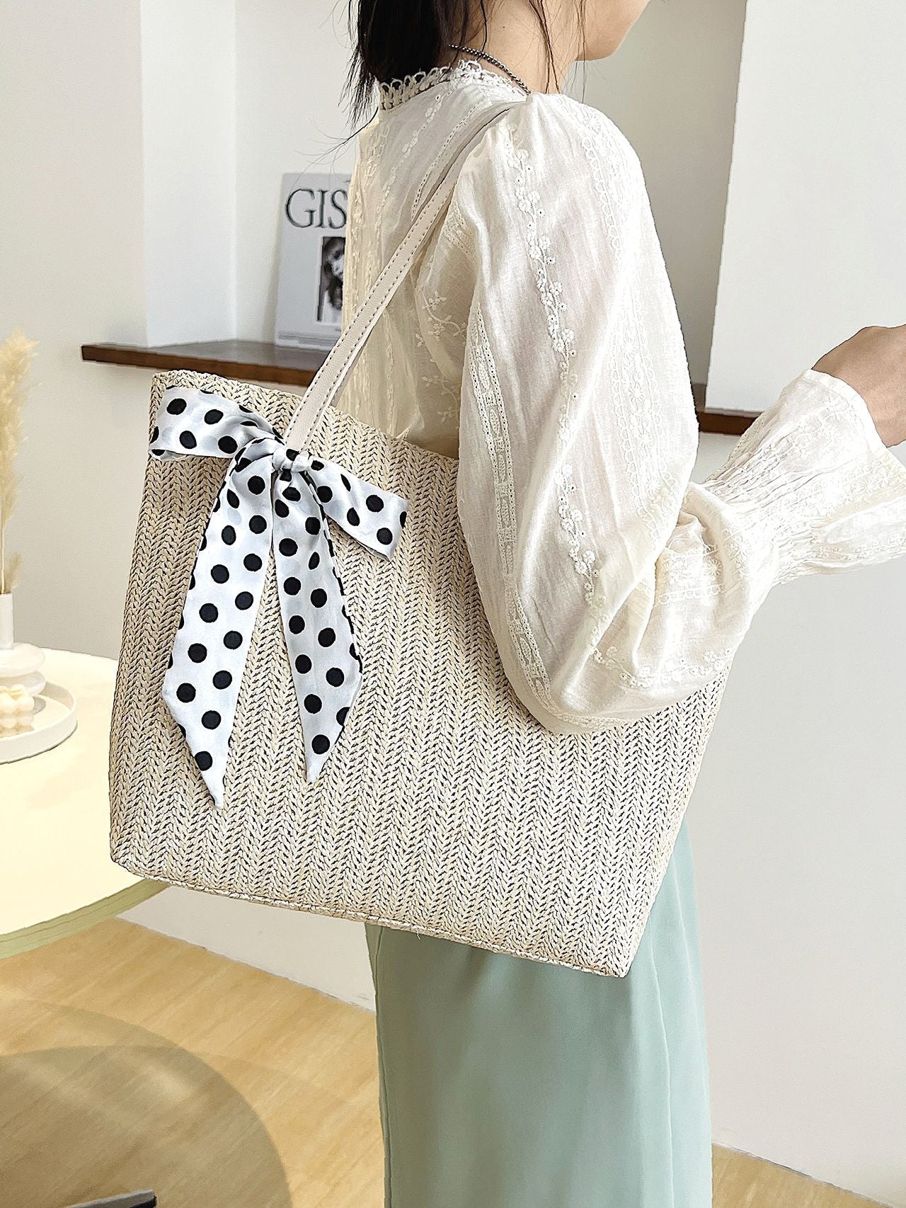 Futurecen - Polka Dot Bow Decor Straw Bag  - Women Tote Bags