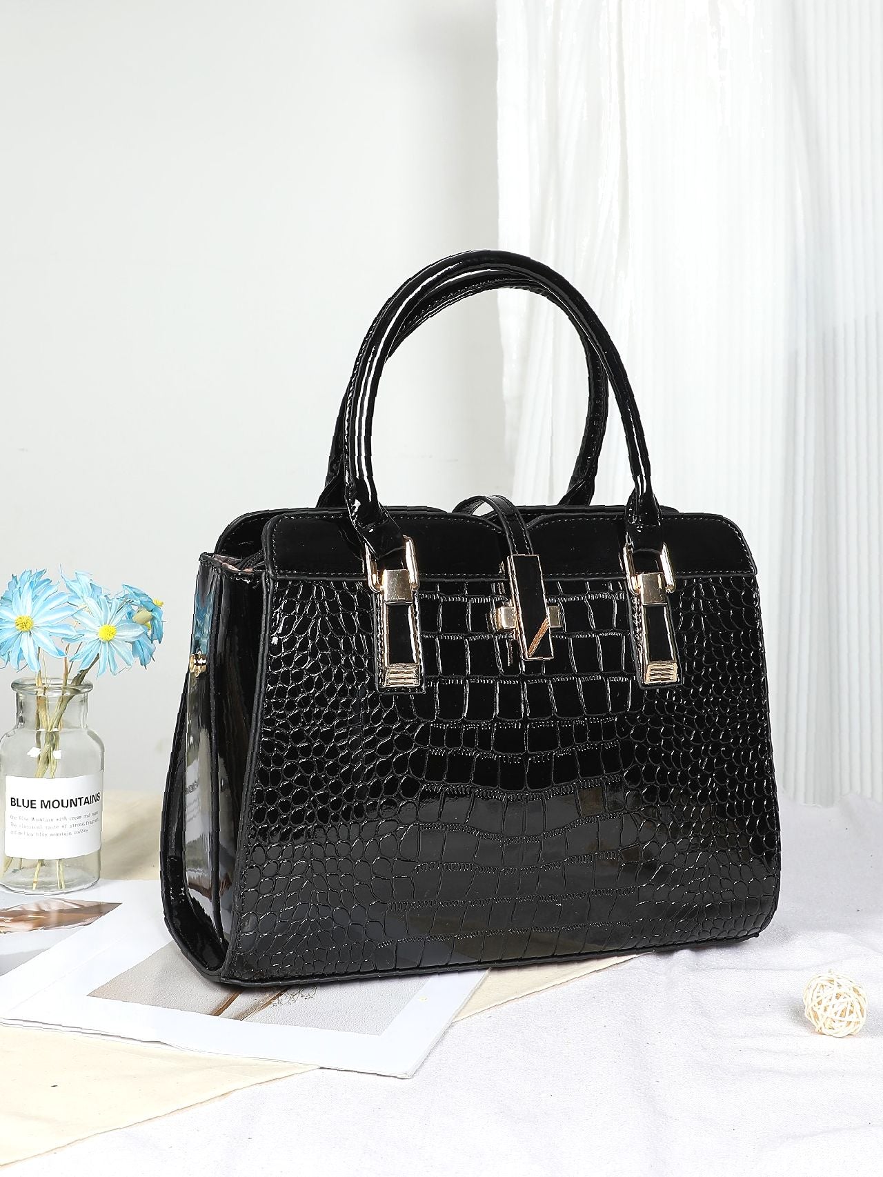 Futurecen - Crocodile Embossed Metal Decor Top Handle Bag  - Women Tote Bags