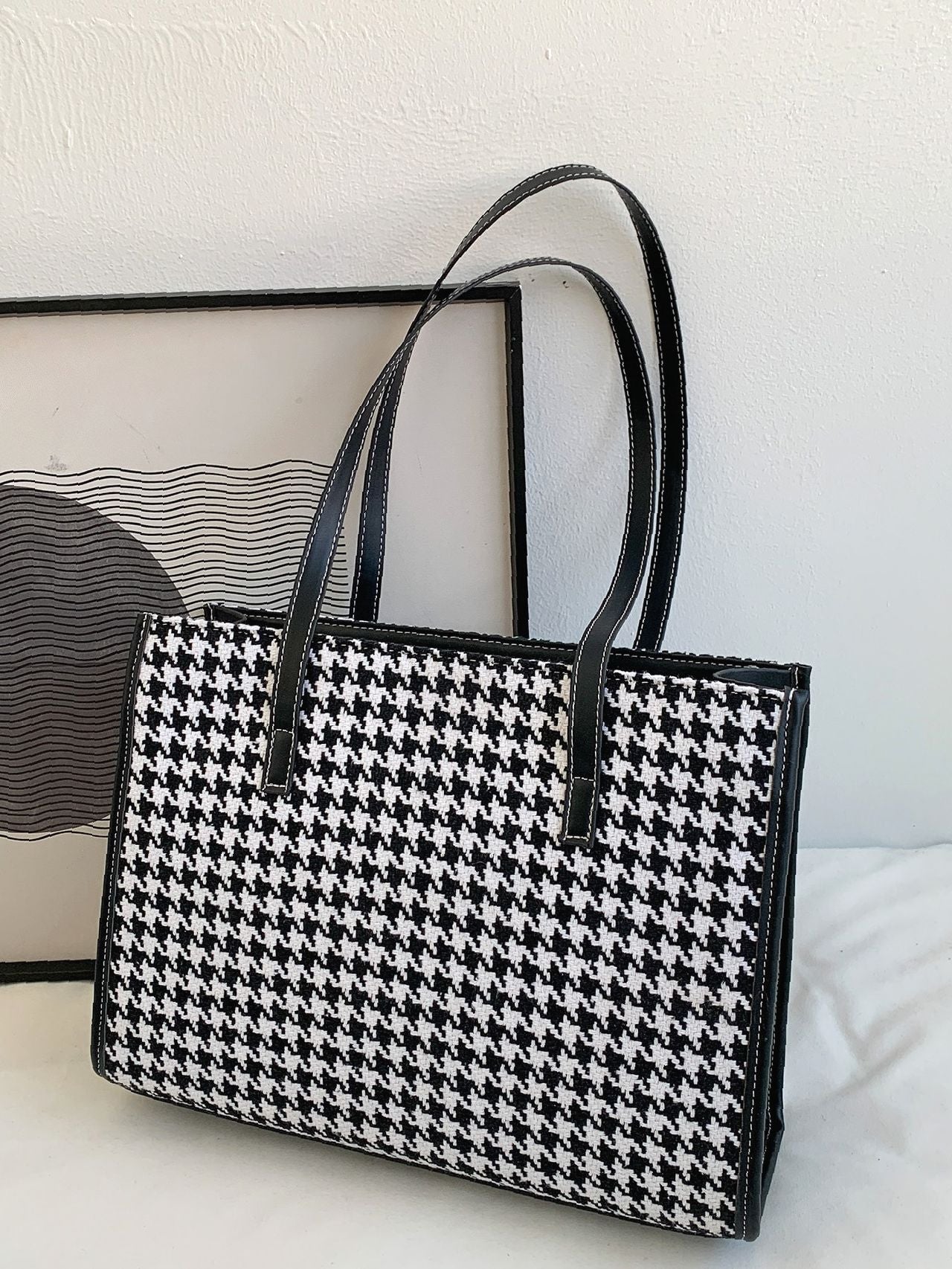 Futurecen - Houndstooth Pattern Shoulder Tote Bag  - Women Tote Bags