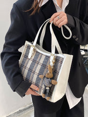 Futurecen - Plaid Pattern Shoulder Tote Bag with Cartoon Bag Charm  - Women Tote Bags