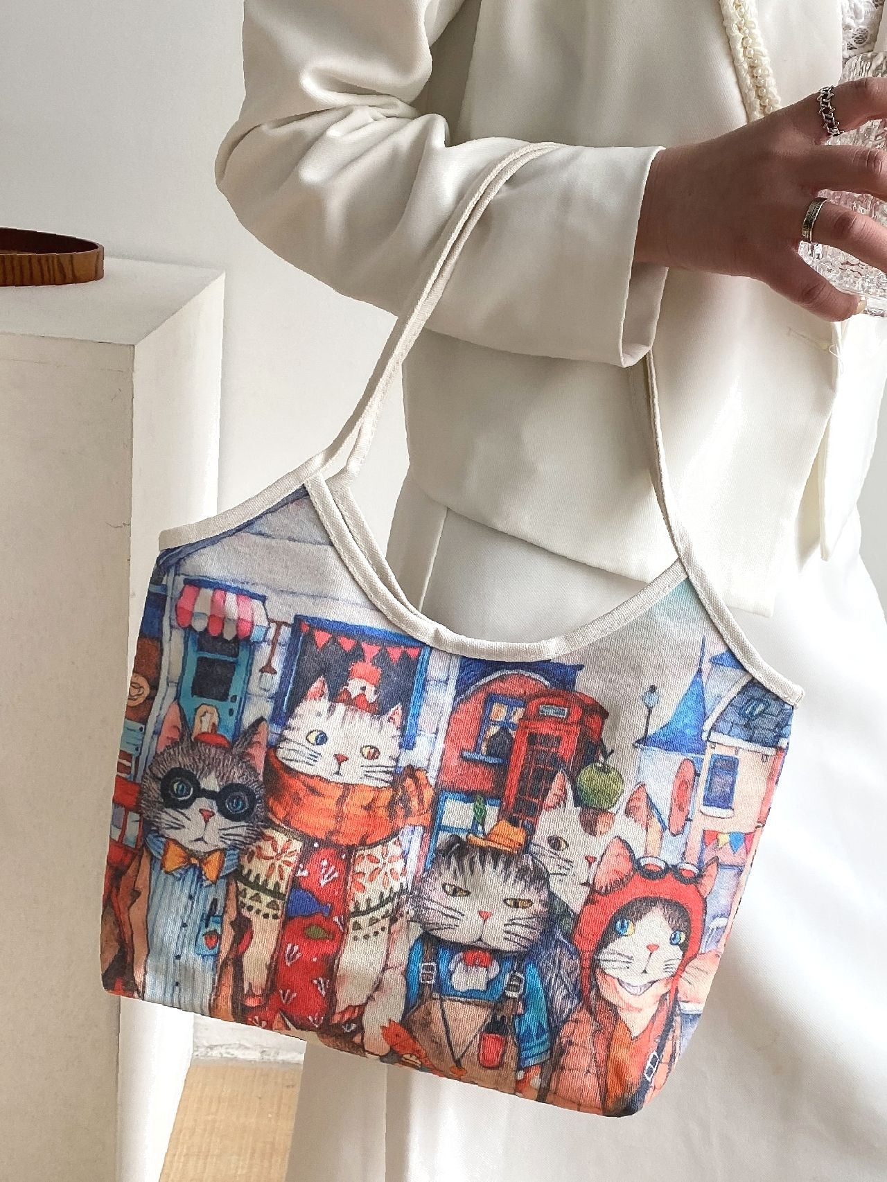 Futurecen - Cartoon Cat Print Tote Bag  - Women Tote Bags