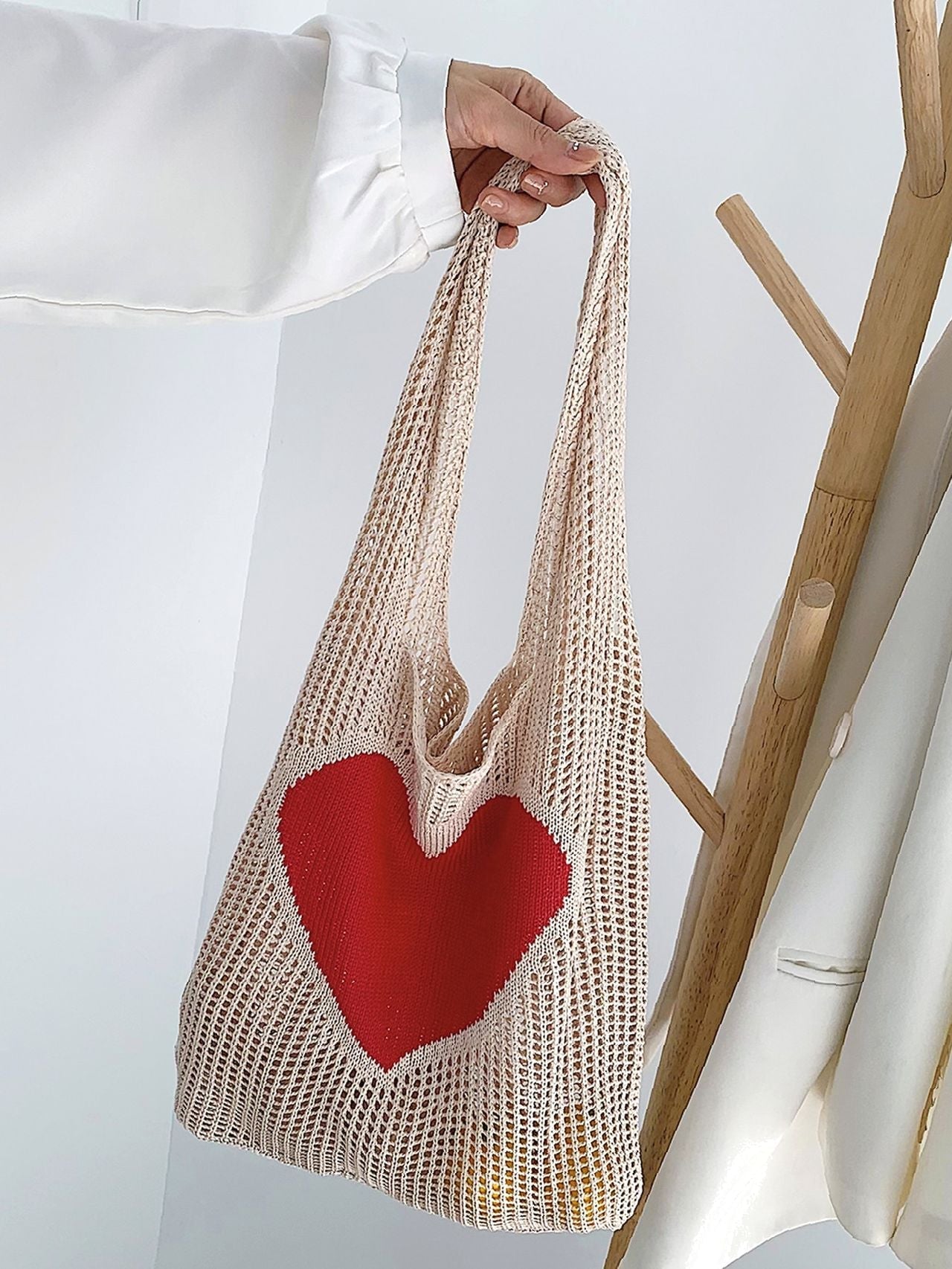 Futurecen - Heart Pattern Crochet Tote Bag  - Women Tote Bags