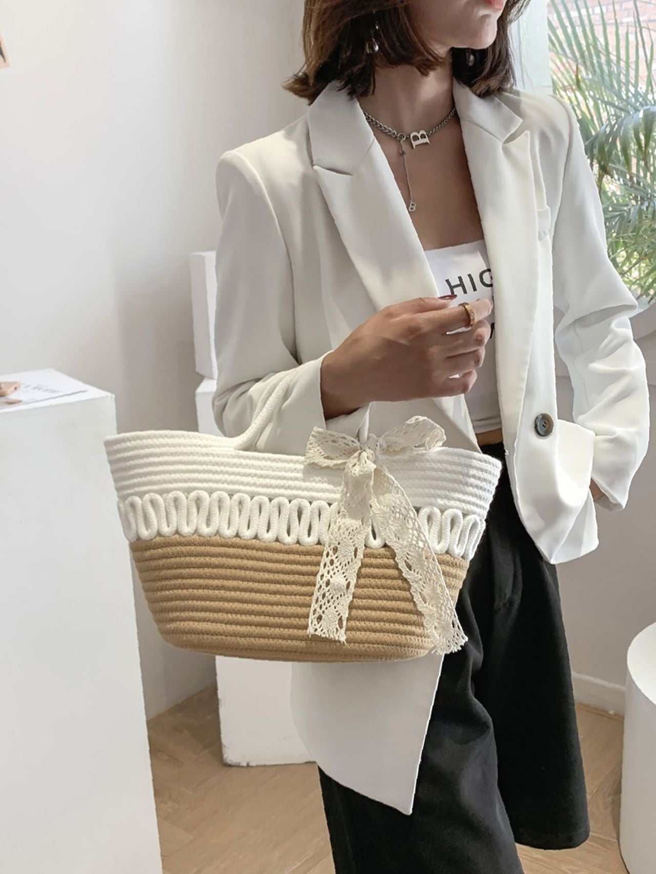 Futurecen - Bow Decor Straw Bag  - Women Tote Bags