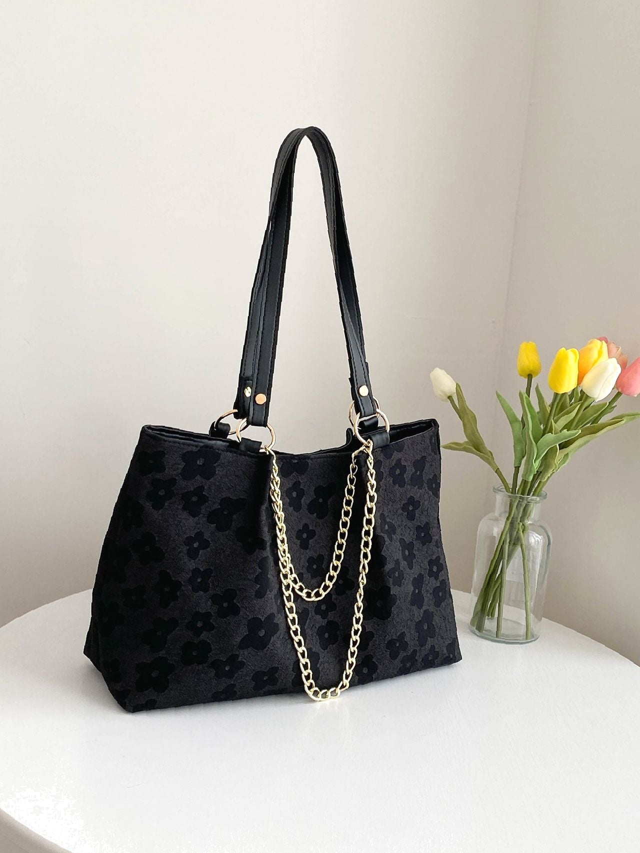 Futurecen - Floral Pattern Chain Shoulder Tote Bag  - Women Tote Bags