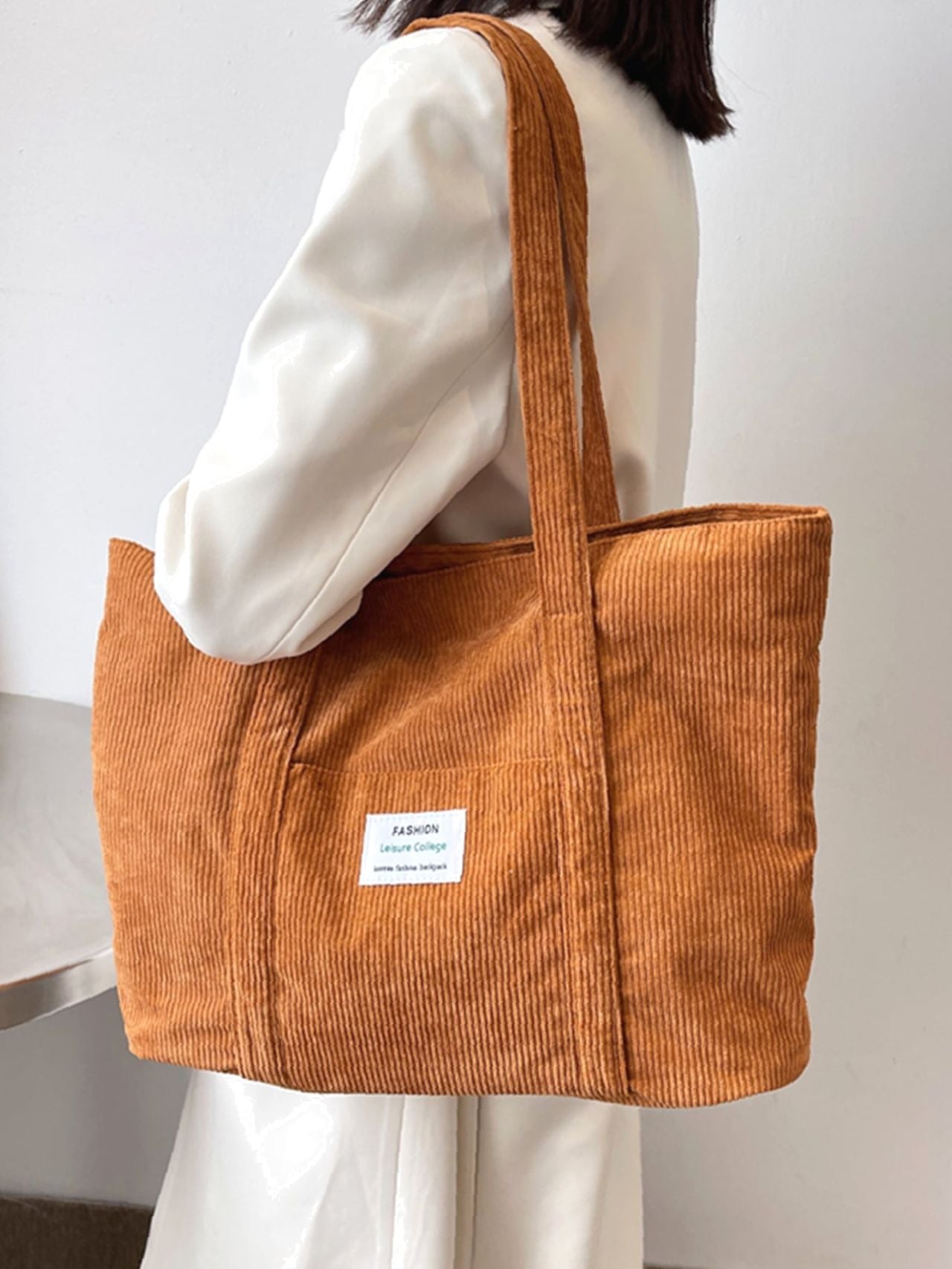 Futurecen - Letter Patch Corduroy Tote Bag  - Women Tote Bags