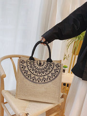 Futurecen - Geometric Print Linen Satchel Bag  - Women Tote Bags