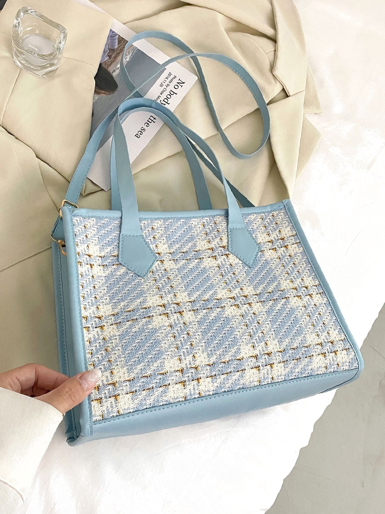 Futurecen - Contrast Binding Plaid Tote Bag  - Women Tote Bags