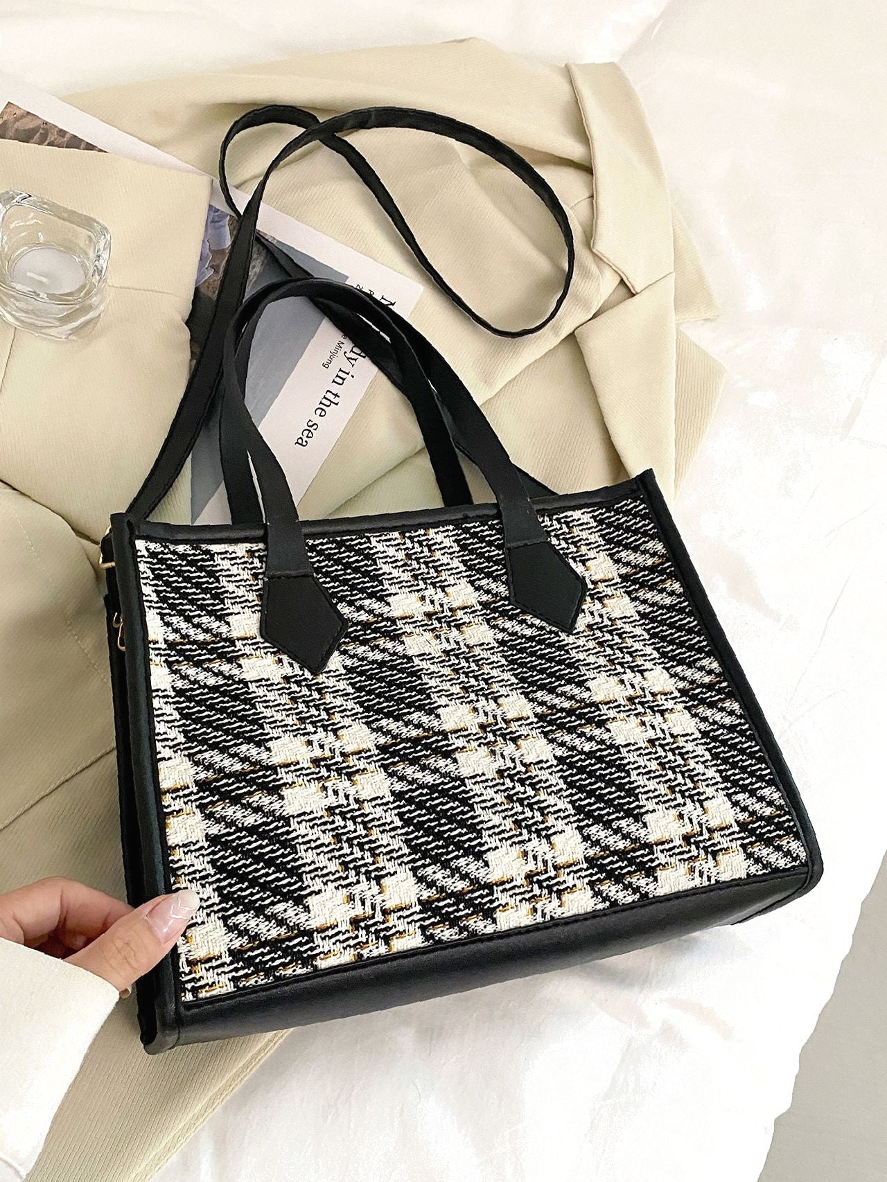 Futurecen - Contrast Binding Plaid Tote Bag  - Women Tote Bags