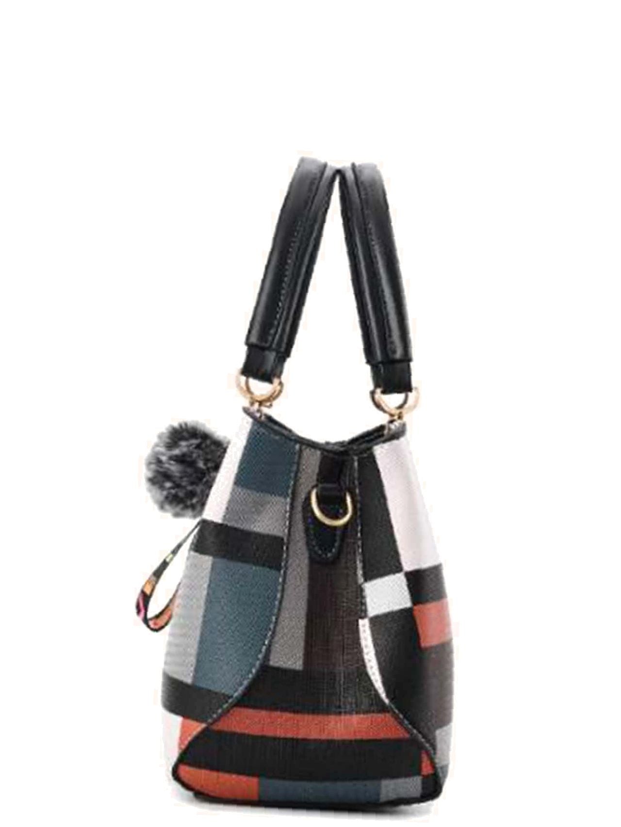 Futurecen - Pom Pom Decor Colorblock Tote Bag  - Women Tote Bags