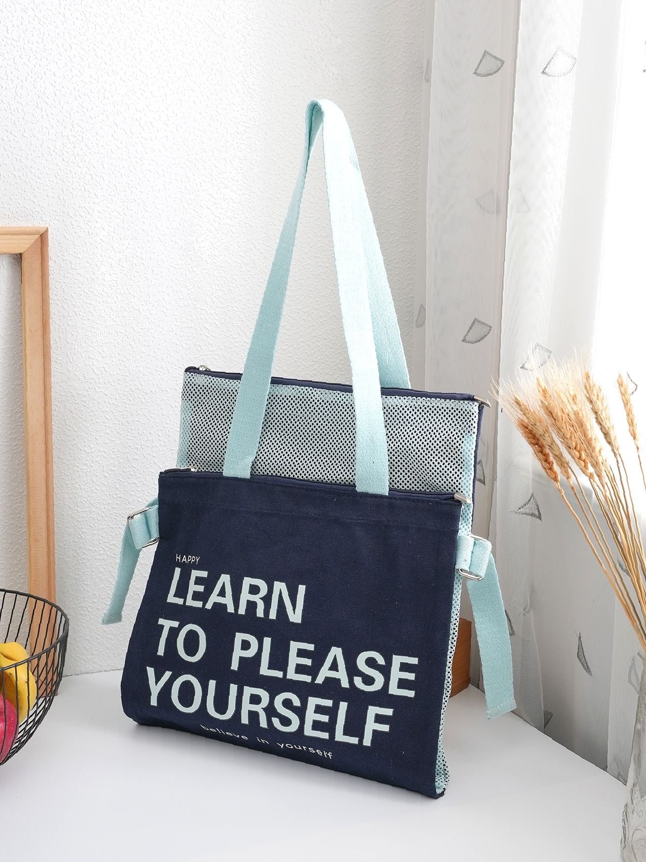 Futurecen - Slogan Graphic Mesh Panel Shoulder Tote Bag  - Women Tote Bags