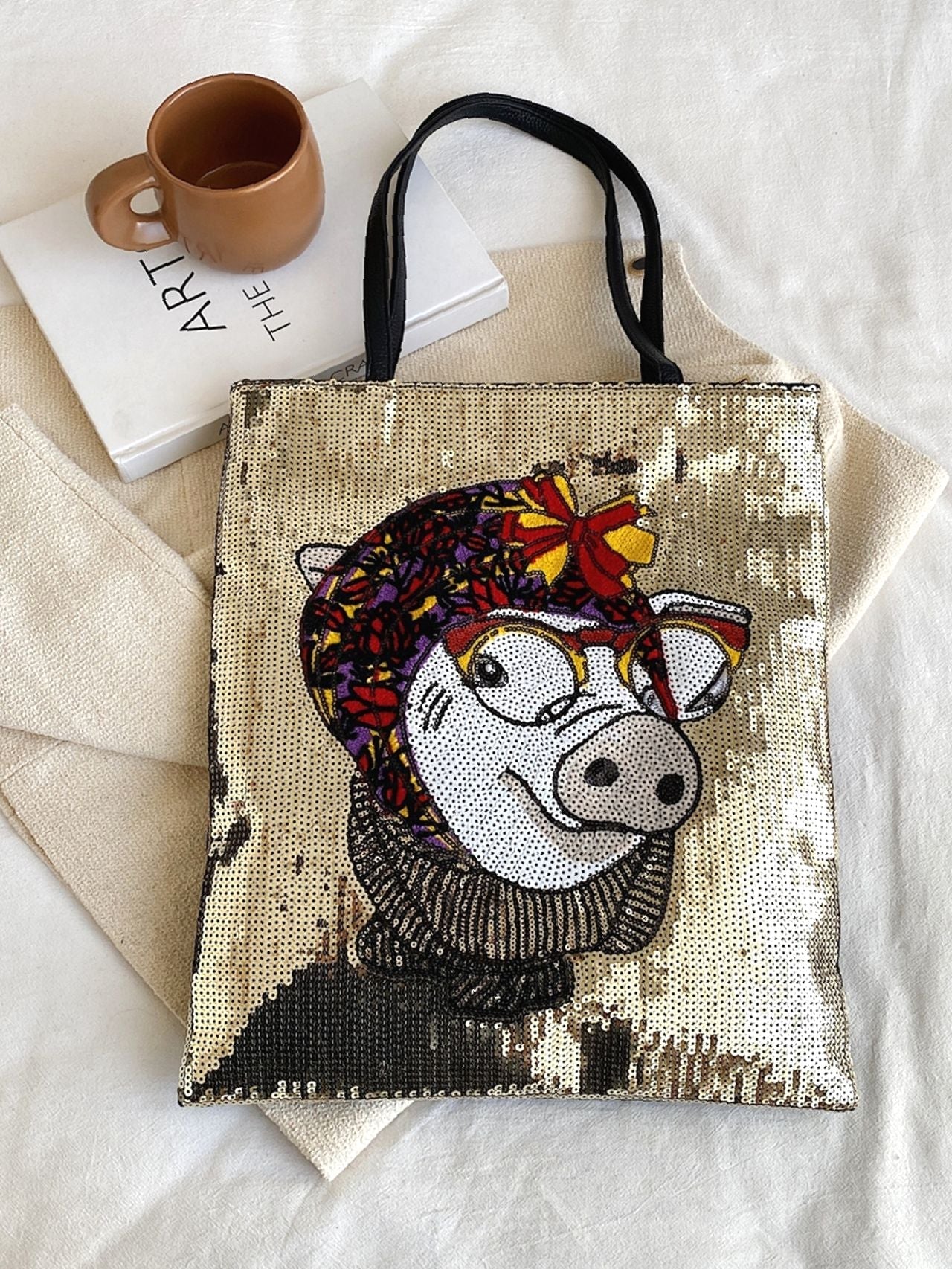 Futurecen - Sequin Decor Cartoon Pig Pattern Shoulder Tote Bag  - Women Tote Bags