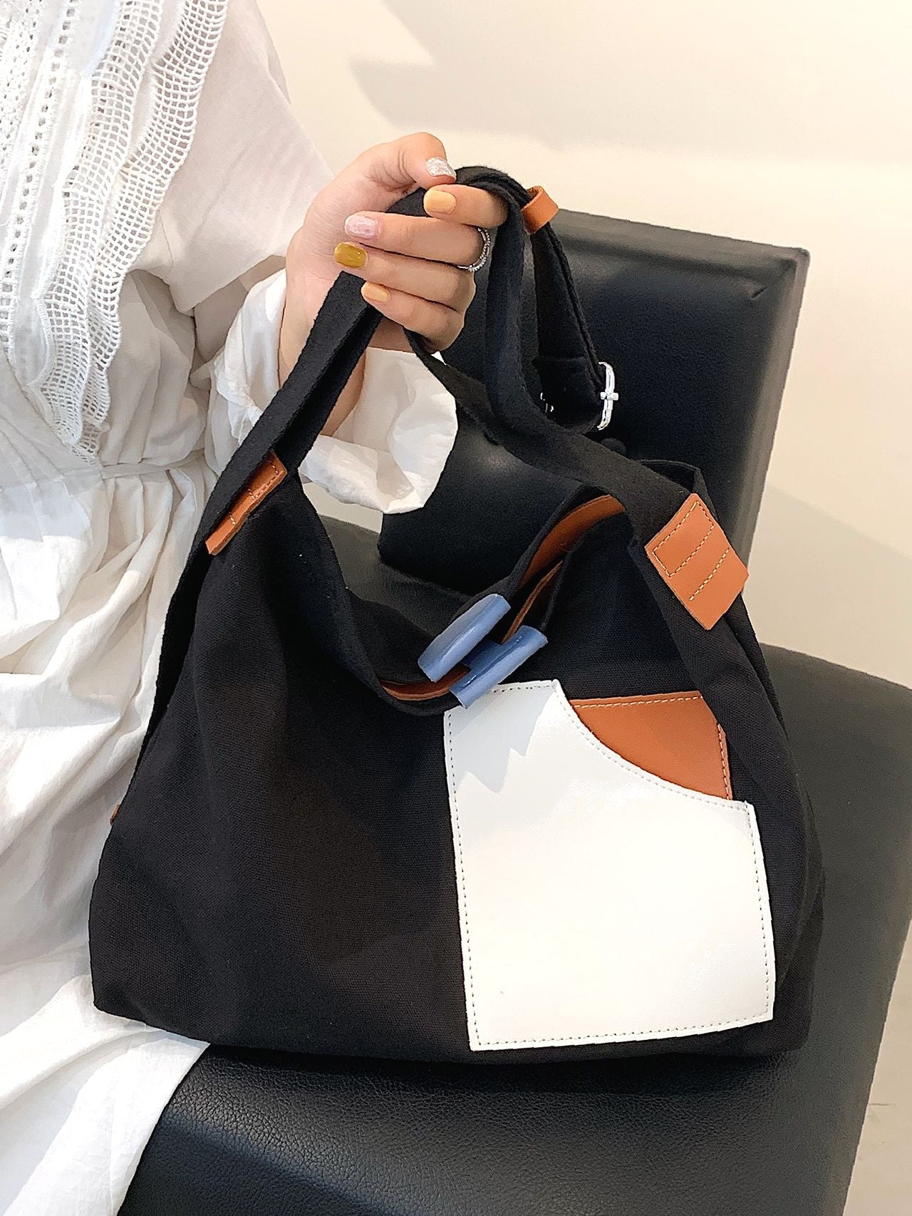 Futurecen - Colorblock Canvas Top Handle Tote Bag  - Women Tote Bags