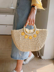 Futurecen - Faux Pearl & Flower Decor Drawstring Design Straw Bag  - Women Tote Bags