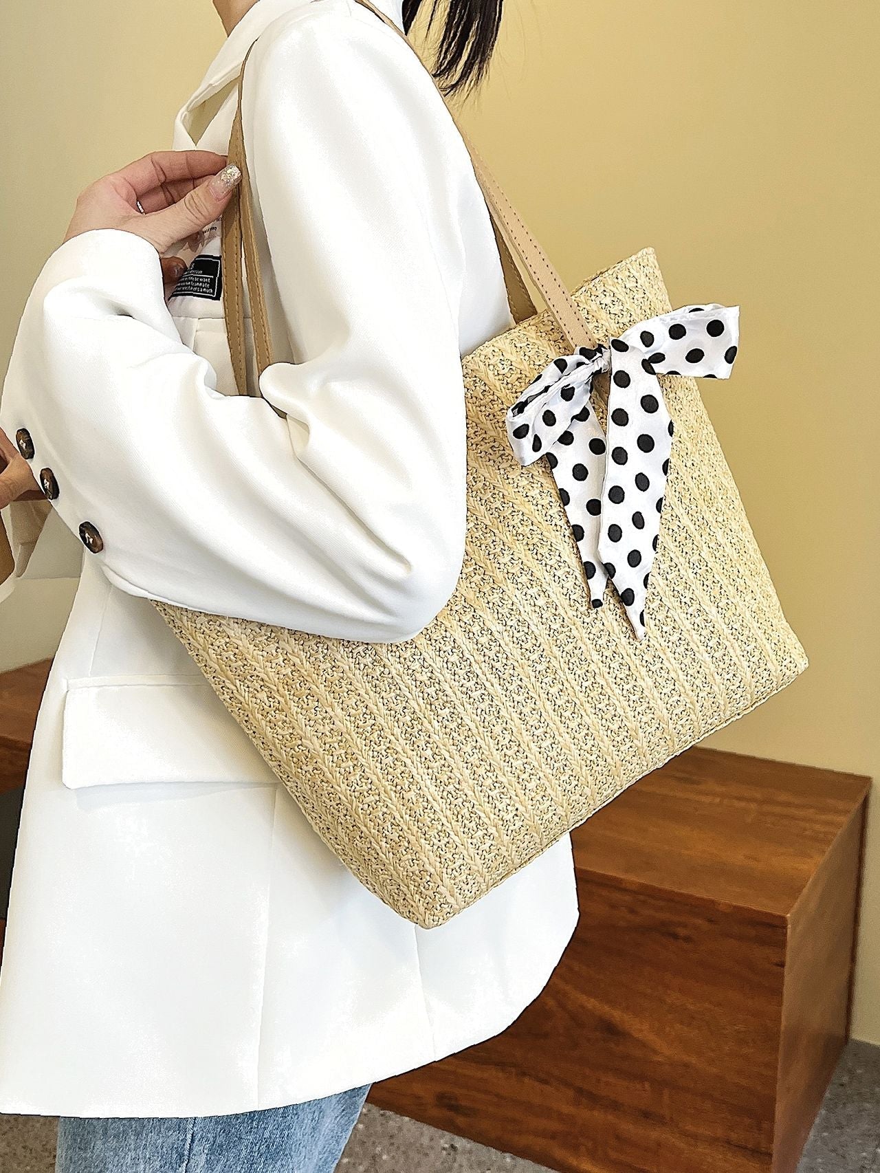 Futurecen - Polka Dot Bow Decor Straw Bag  - Women Tote Bags