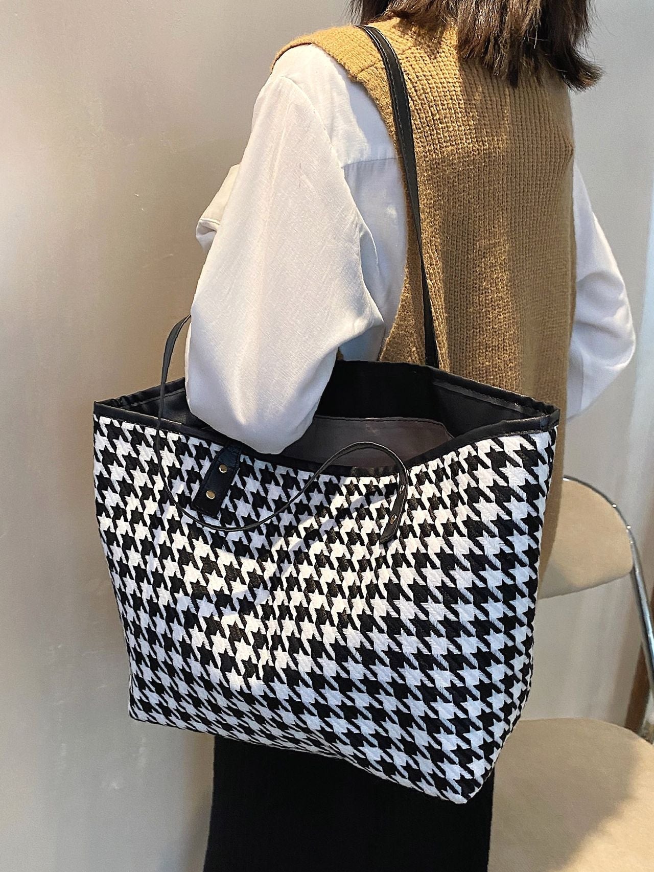 Futurecen - Houndstooth Pattern Shoulder Tote Bag  - Women Tote Bags