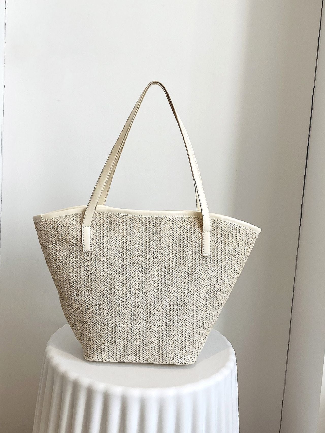 Futurecen - Twilly Scarf Decor Straw Bag  - Women Tote Bags