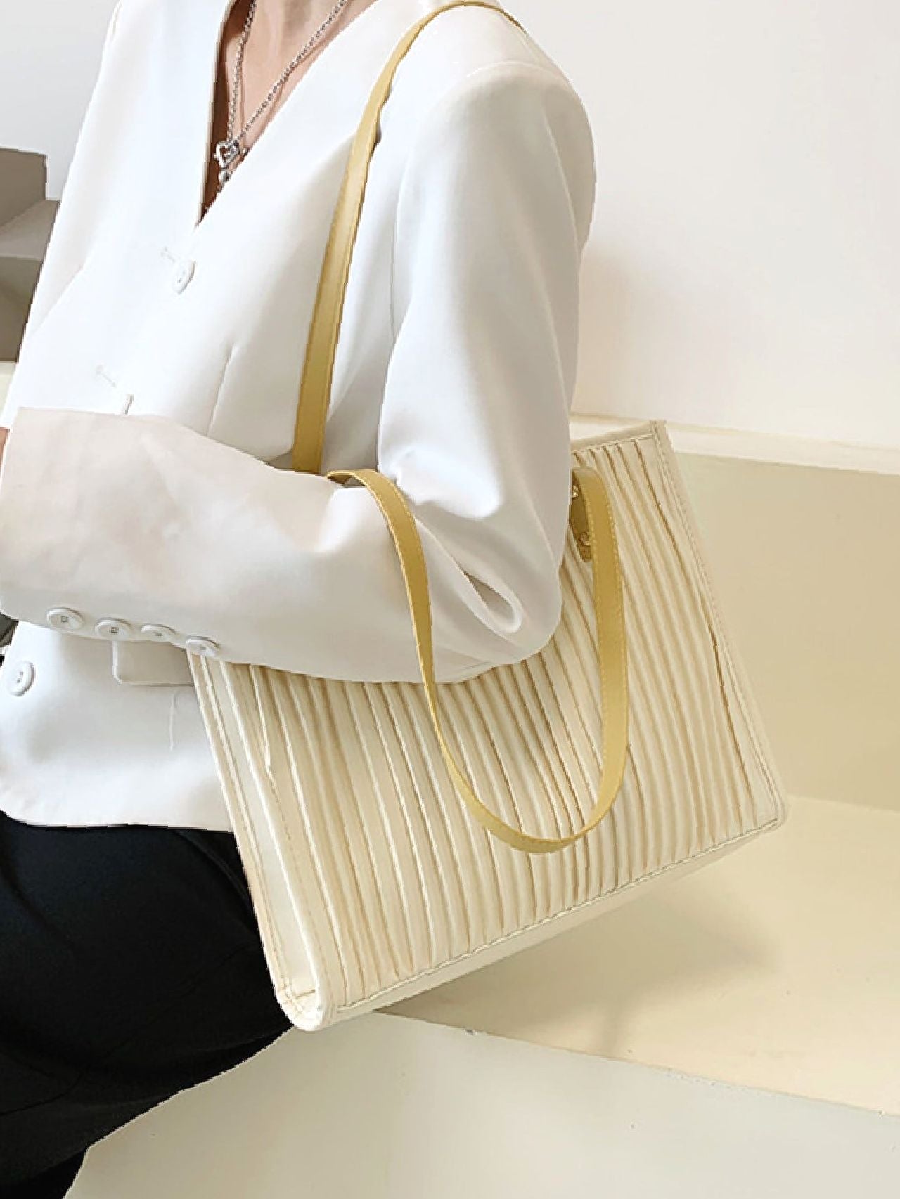 Futurecen - Vertical Striped Shoulder Tote Bag  - Women Tote Bags