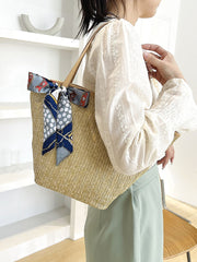 Futurecen - Twilly Scarf Decor Straw Bag  - Women Tote Bags