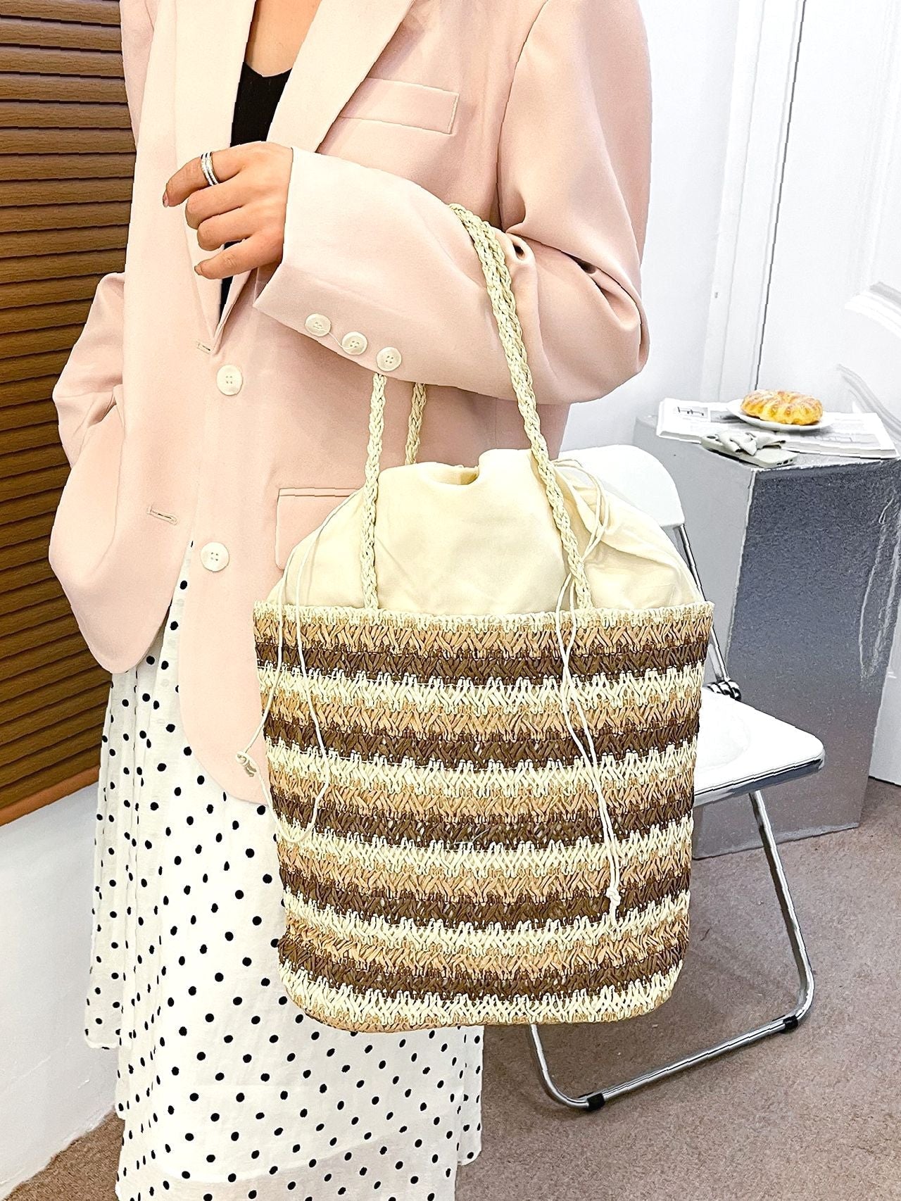 Futurecen - Colorblock Drawstring Decor Straw Bag  - Women Tote Bags