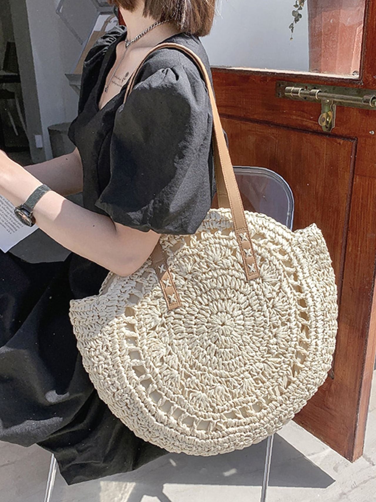 Futurecen - Hollow Out Circle Straw Bag  - Women Tote Bags