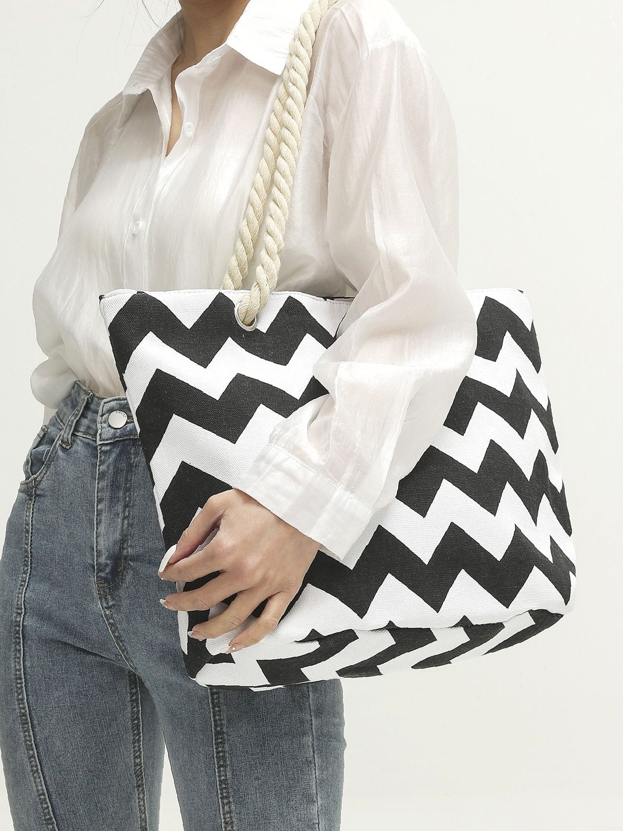 Futurecen - Chevron Graphic Canvas Shoulder Tote Bag  - Women Tote Bags