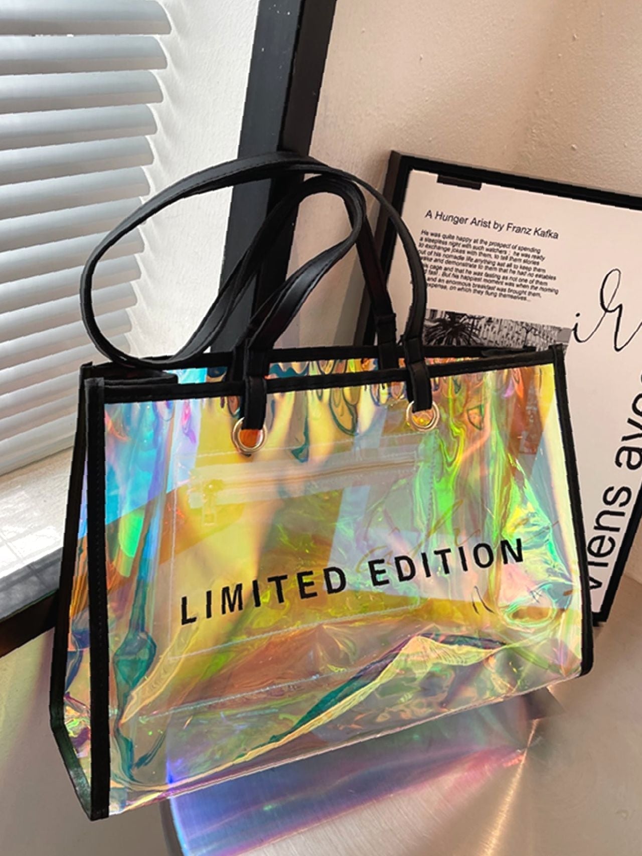 Futurecen - Holographic Pattern Letter Graphic Shoulder Tote Bag  - Women Tote Bags