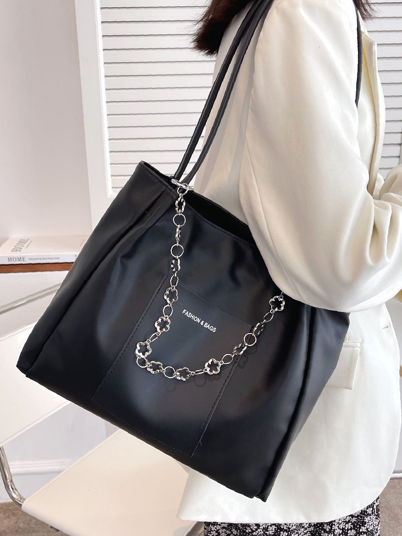 Futurecen - Letter Graphic Two Tone Chain Decor Shoulder Tote Bag  - Women Tote Bags