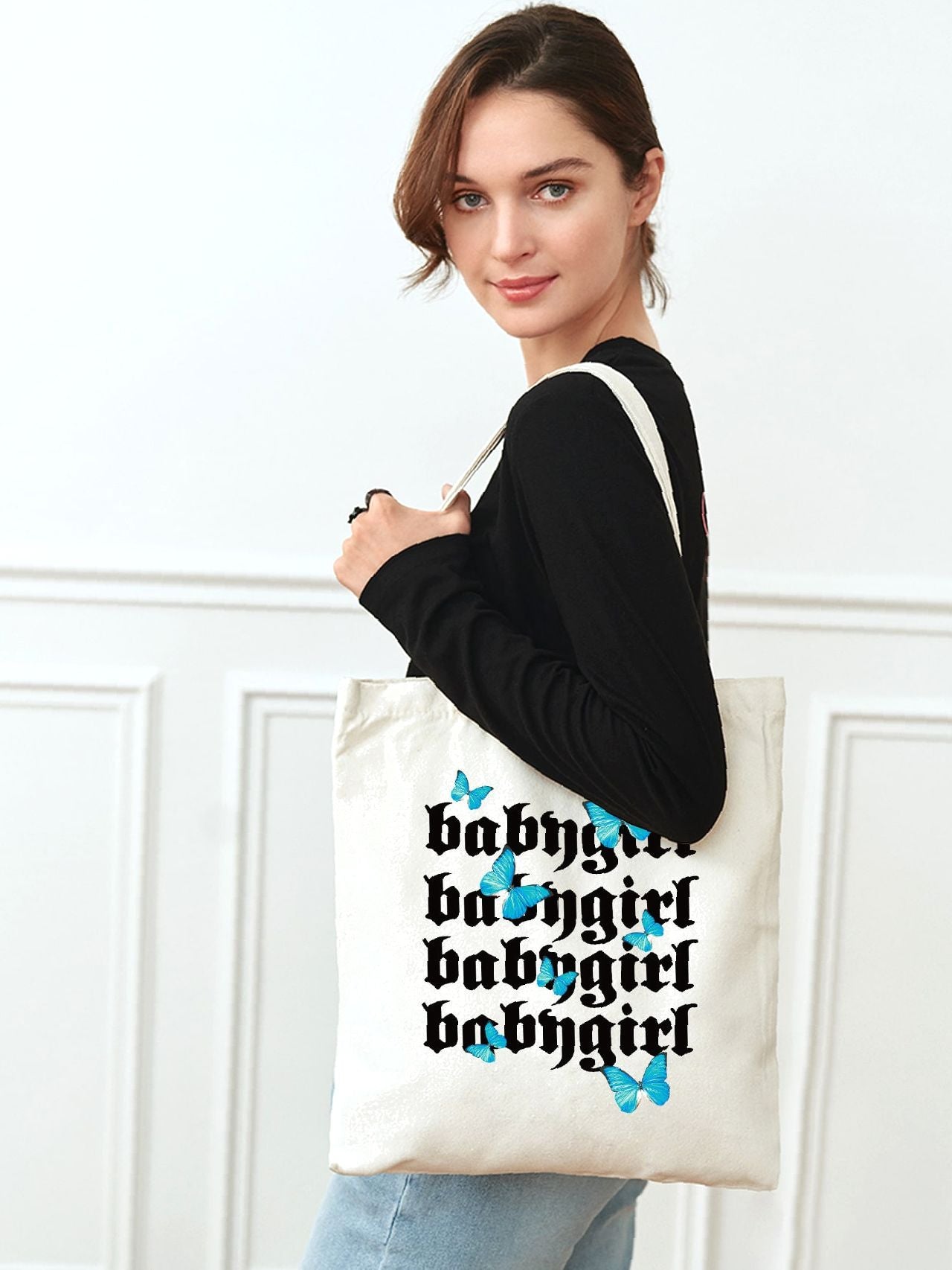 Futurecen - Butterfly & Letter Graphic Shopper Bag  - Women Tote Bags