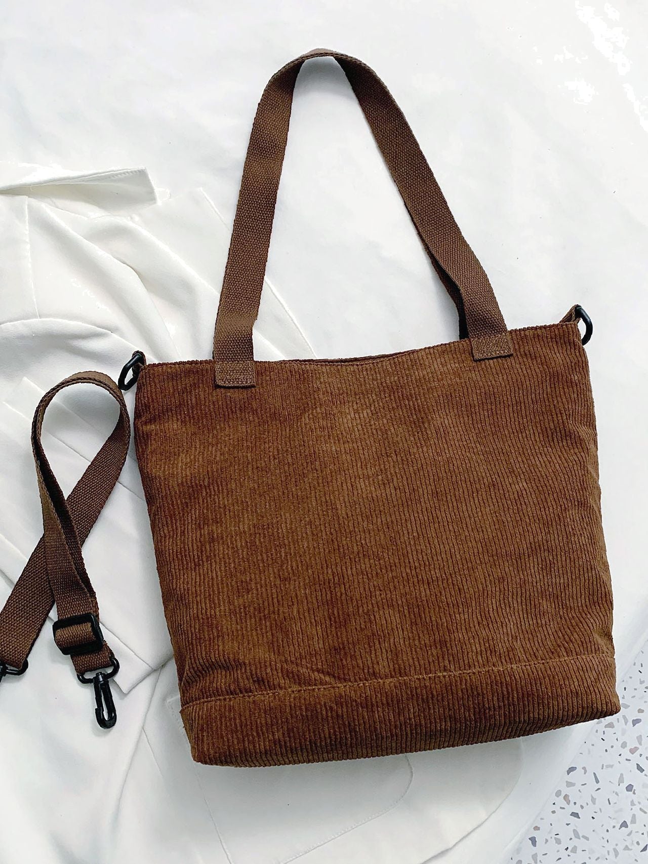 Futurecen - Pocket Front Corduroy Shoulder Tote Bag  - Women Tote Bags