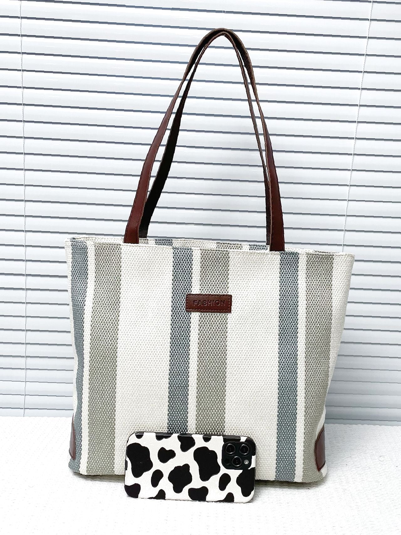 Futurecen - Striped Pattern Letter Patch Shoulder Tote Bag  - Women Tote Bags