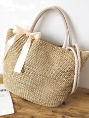 Futurecen - Minimalist Bow Decor Straw Bag  - Women Tote Bags