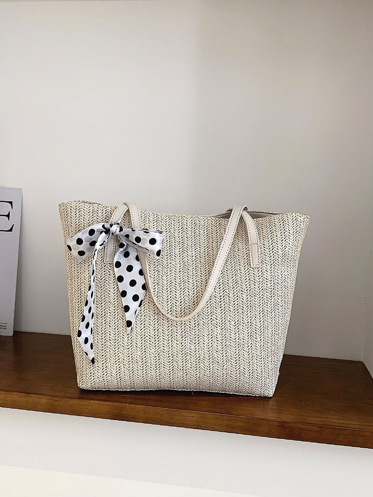 Futurecen - Polka Dot Bow Decor Straw Bag  - Women Tote Bags