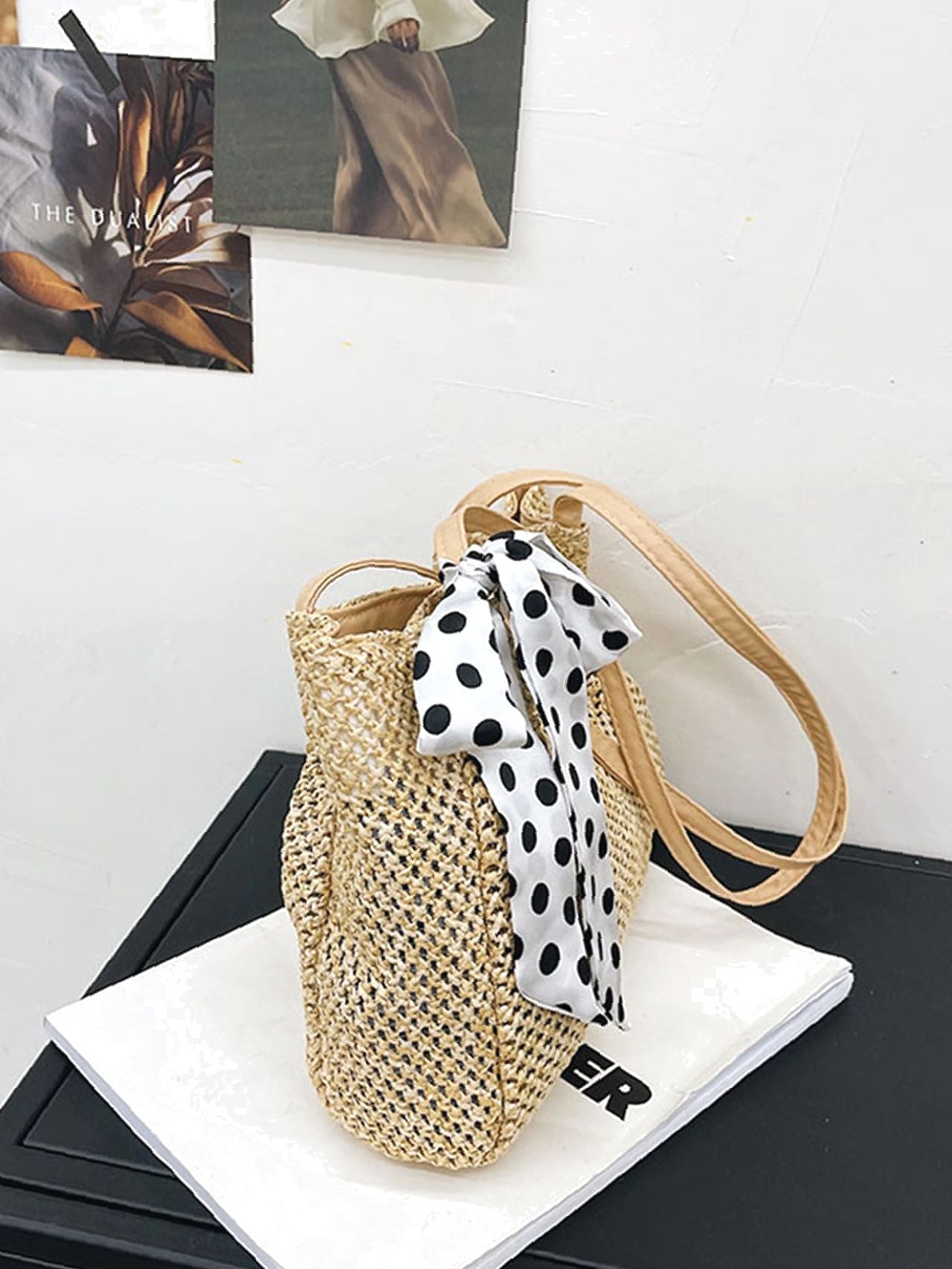 Futurecen - Polka Dot Bow Decor Straw Bag  - Women Tote Bags