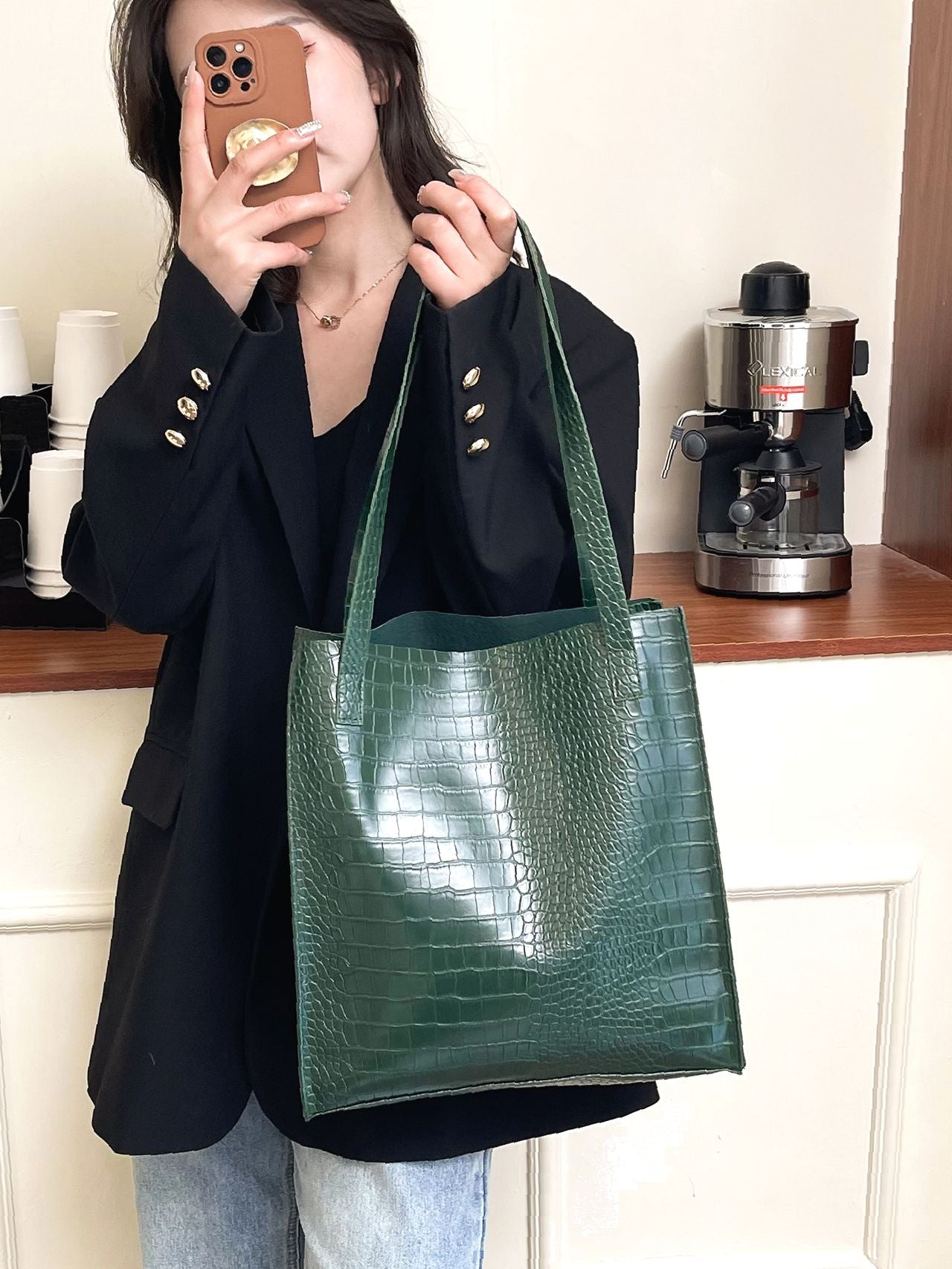 Futurecen - Crocodile Embossed Shoulder Tote Bag  - Women Tote Bags