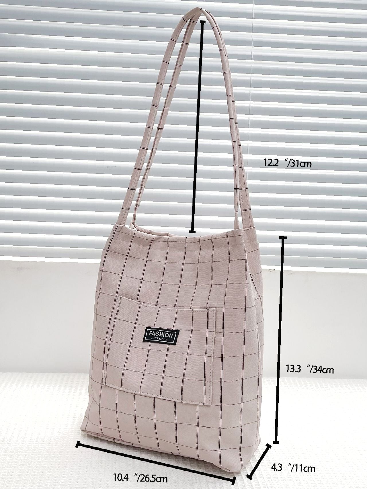 Futurecen - Letter Patched Detail Plaid Pattern Shoulder Tote Bag  - Women Tote Bags