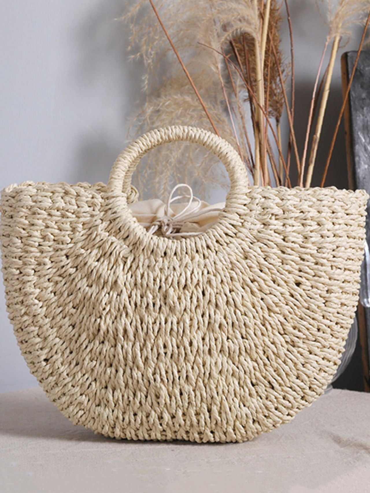 Futurecen - Ring Handle Design Straw Bag  - Women Tote Bags