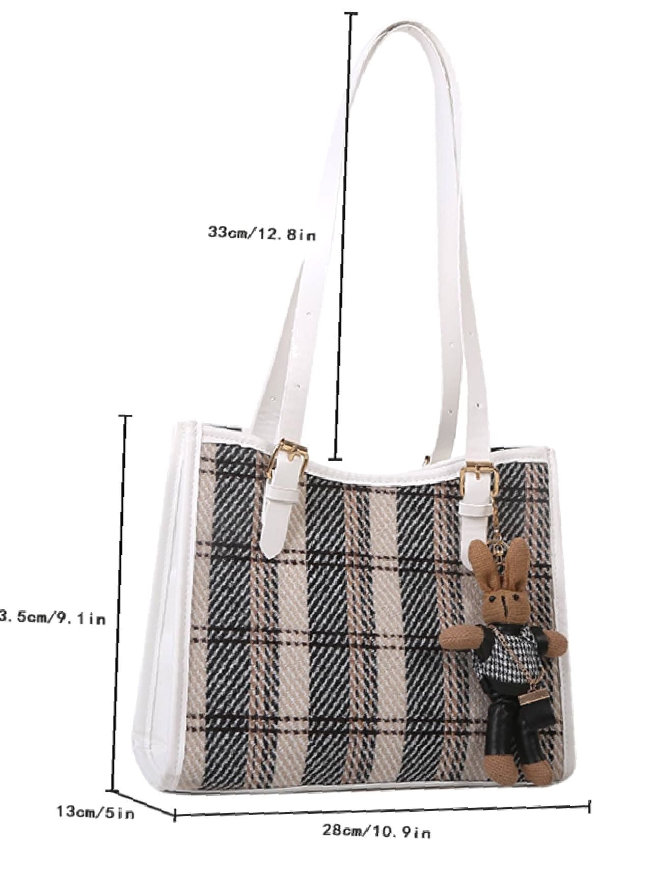 Futurecen - Plaid Pattern Shoulder Tote Bag with Cartoon Bag Charm  - Women Tote Bags