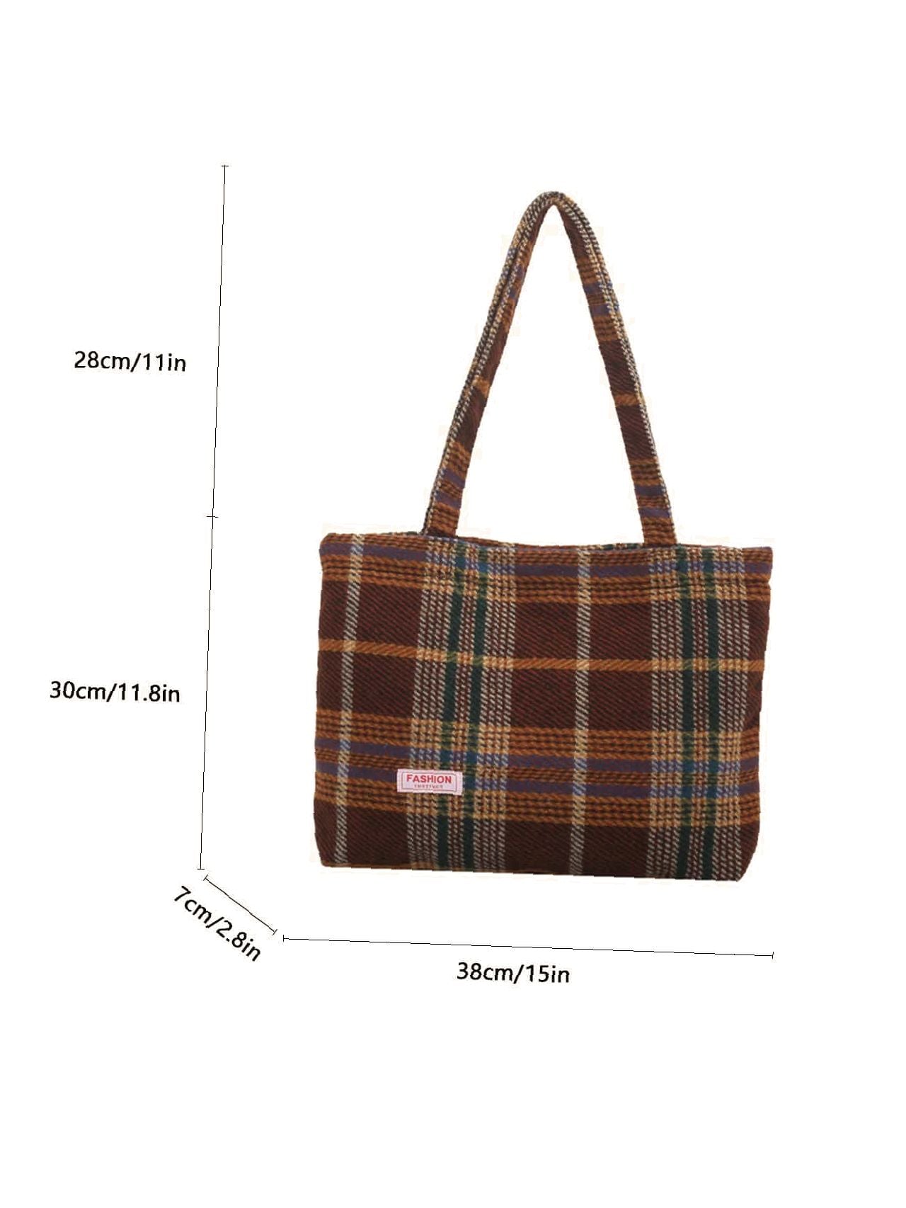 Futurecen - Plaid Pattern Letter Patch Decor Tweed Shoulder Tote Bag  - Women Tote Bags