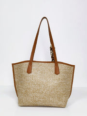 Futurecen - Contrast Binding Twilly Scarf Decor Straw Bag  - Women Tote Bags