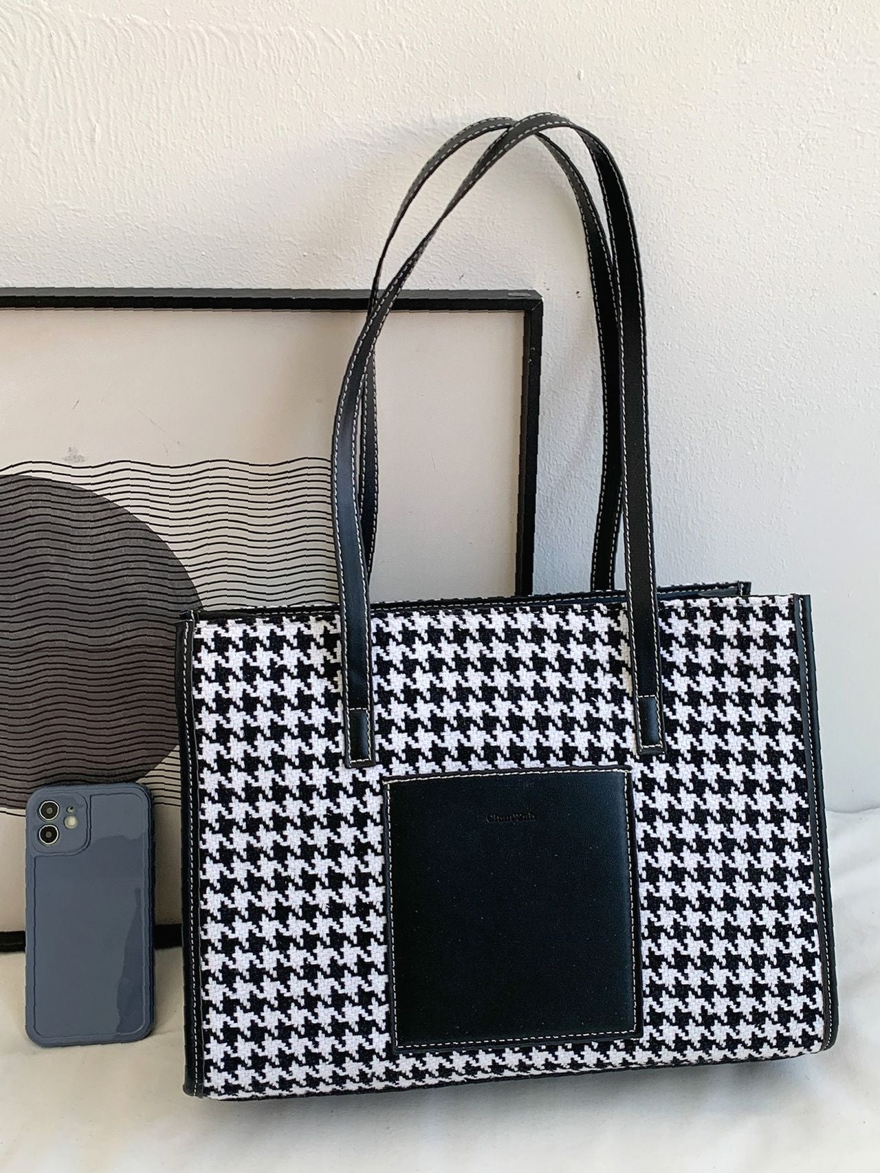 Futurecen - Houndstooth Pattern Shoulder Tote Bag  - Women Tote Bags