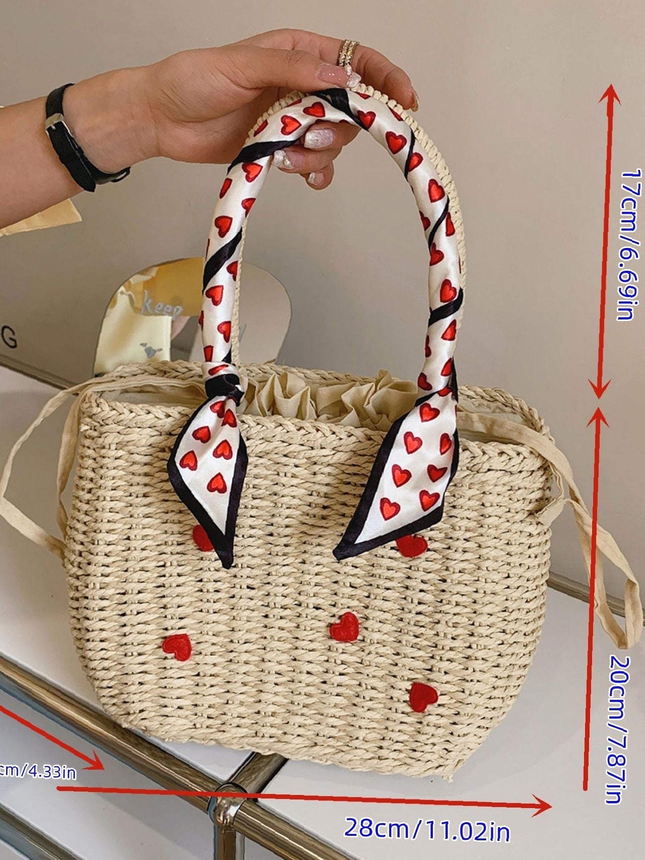 Futurecen - Heart & Twilly Scarf Decor Drawstring Design Straw Bag  - Women Tote Bags