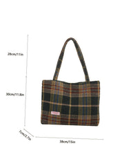 Futurecen - Plaid Pattern Letter Patch Decor Tweed Shoulder Tote Bag  - Women Tote Bags