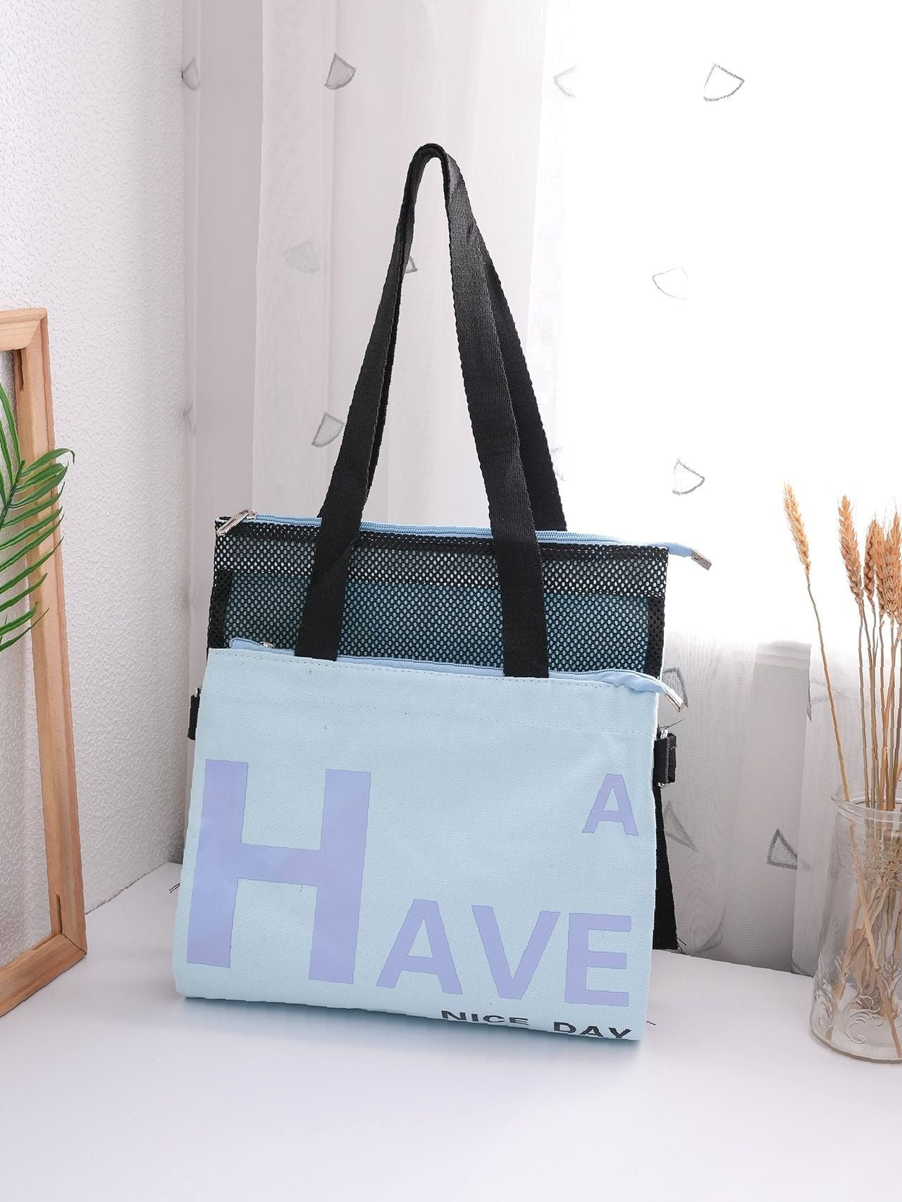 Futurecen - Slogan Graphic Mesh Panel Shoulder Tote Bag  - Women Tote Bags