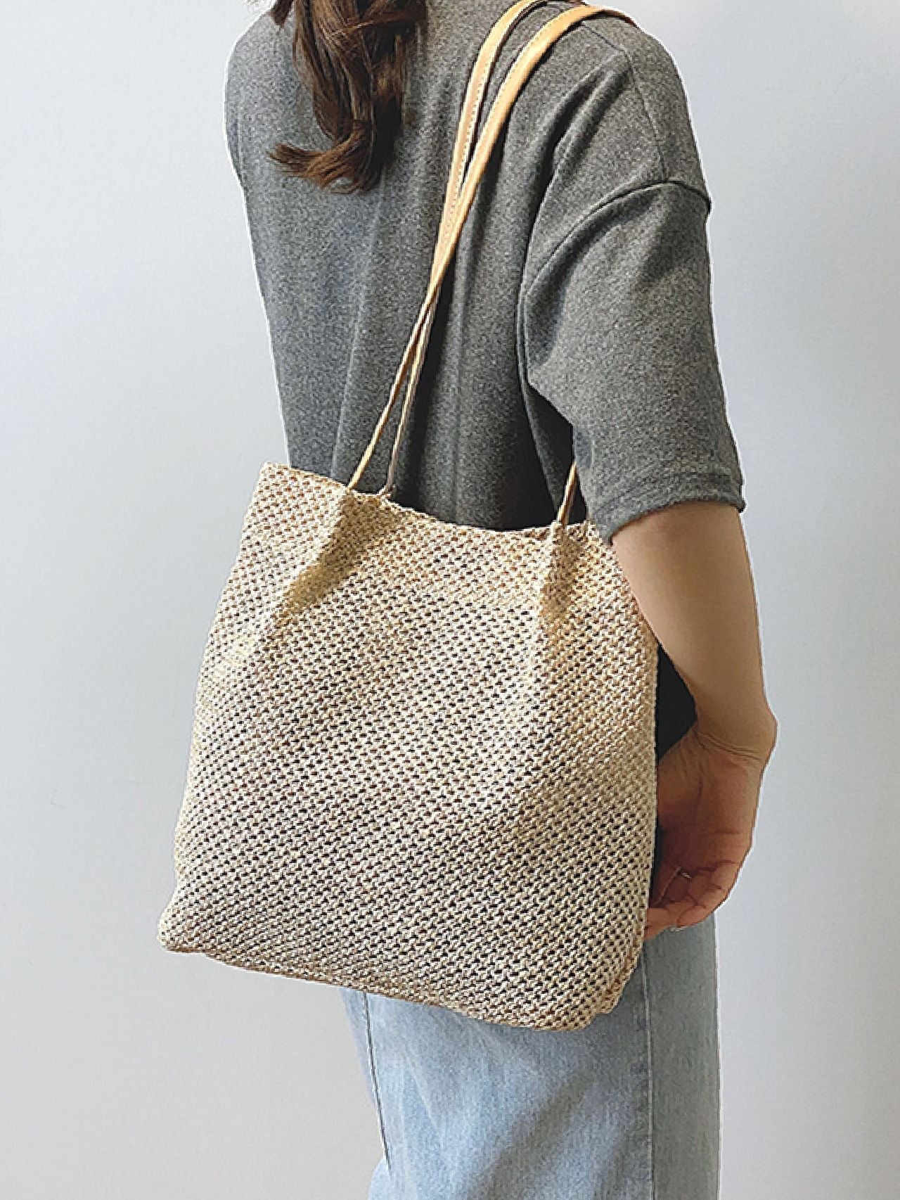 Futurecen - Hollow Out Snap Button Straw Bag  - Women Tote Bags