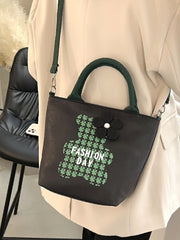 Futurecen - Floral Applique Detail Letter & Animal Graphic Colorblock Shoulder Tote Bag  - Women Tote Bags