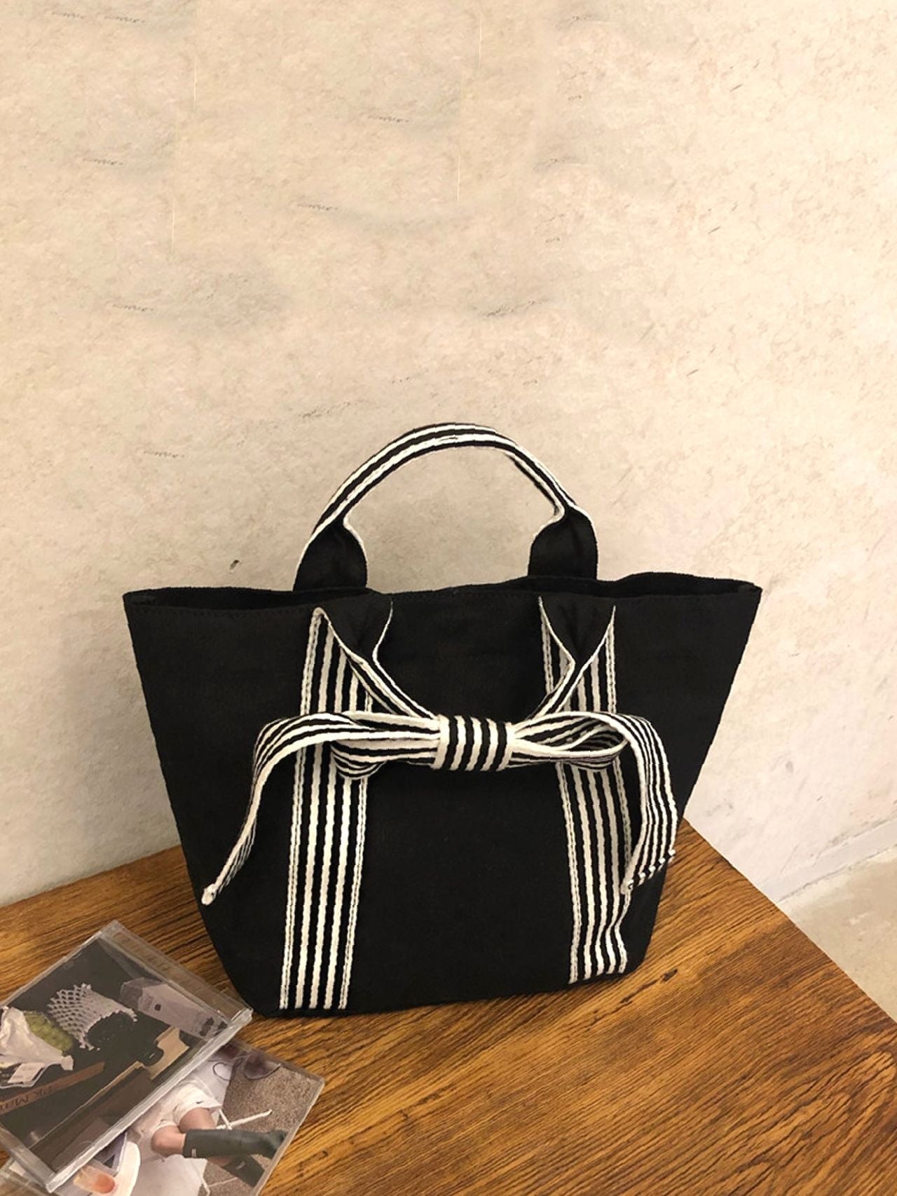 Futurecen - Bow Decor Striped Pattern Top Handle Bag  - Women Tote Bags