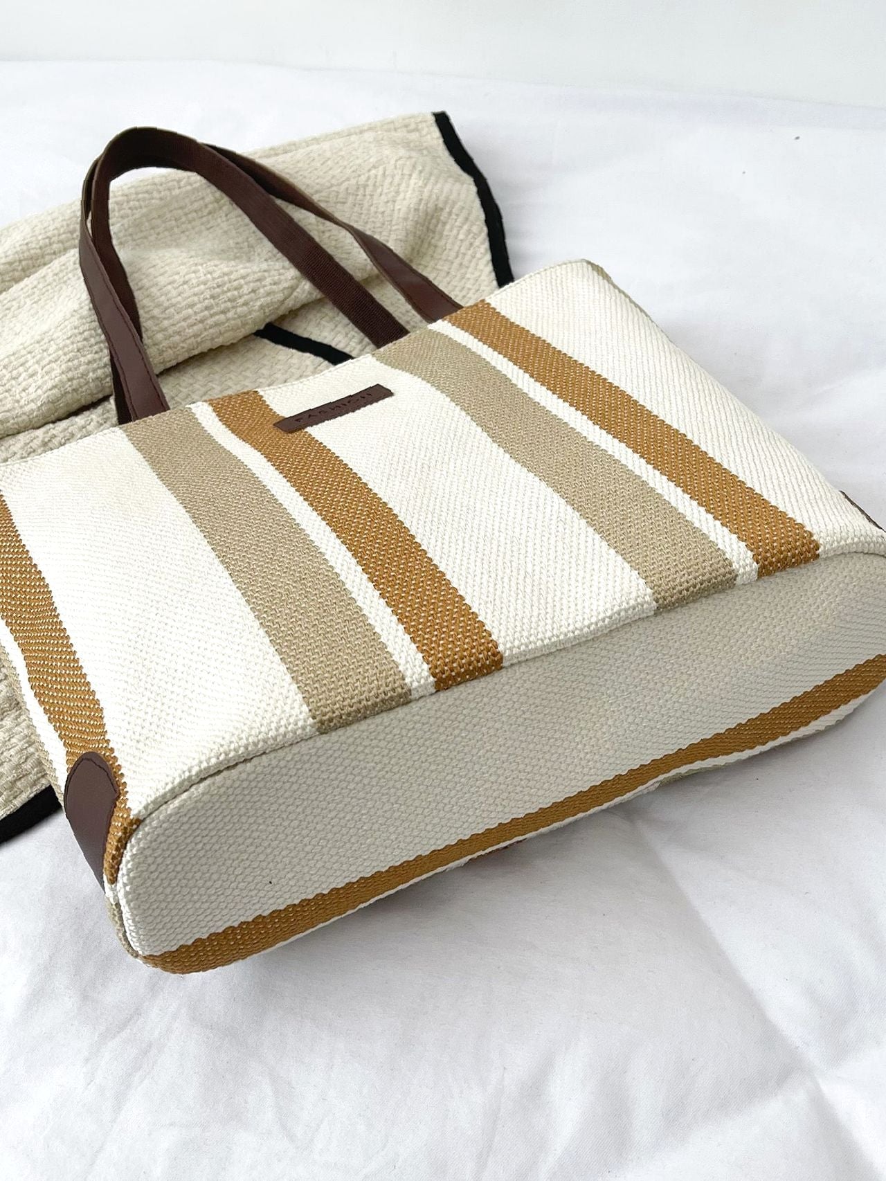 Futurecen - Striped Pattern Letter Patch Shoulder Tote Bag  - Women Tote Bags